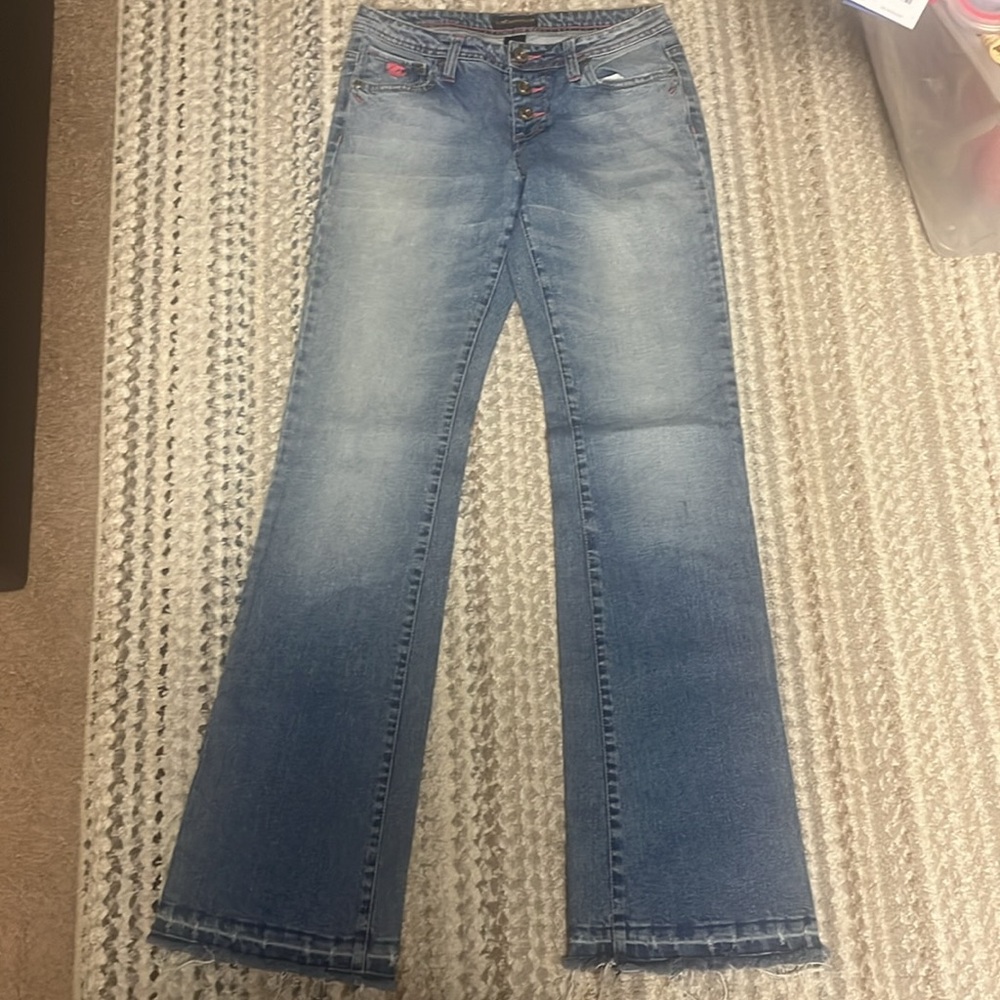 Vintage ROCAWEAR Logo Women’s Low Rise Boot Cut Flare Jewel buttons Jeans Size 5
